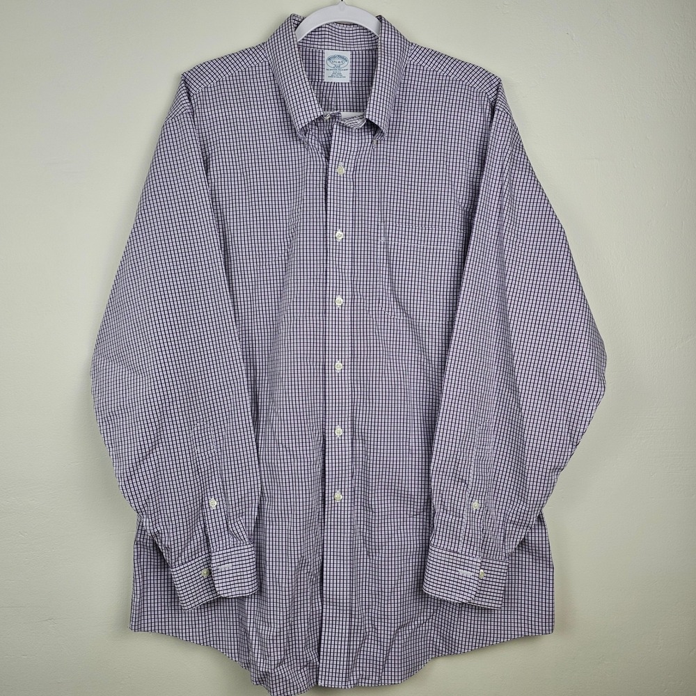 Brooks Brothers Button Down Shirt Mens 17.5 Purple Check 346 Slim Fit Non-Iron